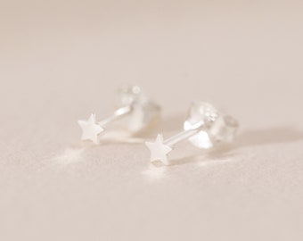 Minimalist Flat Star Stud Earrings, 3.5mm Sterling Silver Star Earrings, Hypoallergenic, Gift Boxed