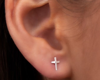 Dainty Cross Stud Earrings for Women | Sterling Silver Cross Earrings | Small Cross Earrings | 5 x 7 mm | Religious Gift for Her