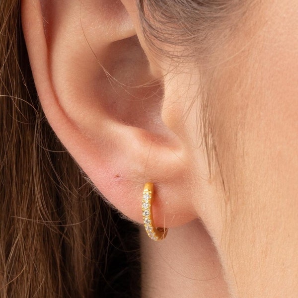 Cubic Zirconia Pave Hoop Earrings for Women in 925 Sterling Silver, 12 mm Small Hoop Earrings, Elegant and Sparkling Cz Earrings