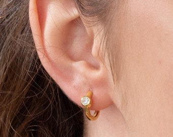 Bezel Set Round Cubic Zirconia Huggie Hoop Earrings | 925 Sterling Silver | Silver & Gold Finish | 2mm CZ | 12.5mm Hoop Diameter