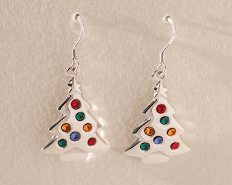 Sterling Silver Christmas Tree Earrings With Multi-coloured Cubic