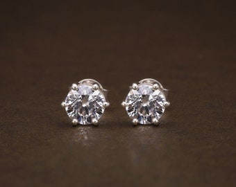 5mm CZ Stud Earrings in 925 Sterling Silver / 6 Prong CZ Earrings / Round Cubic Zirconia Studs / Diamond Studs / Round Solitaire Studs