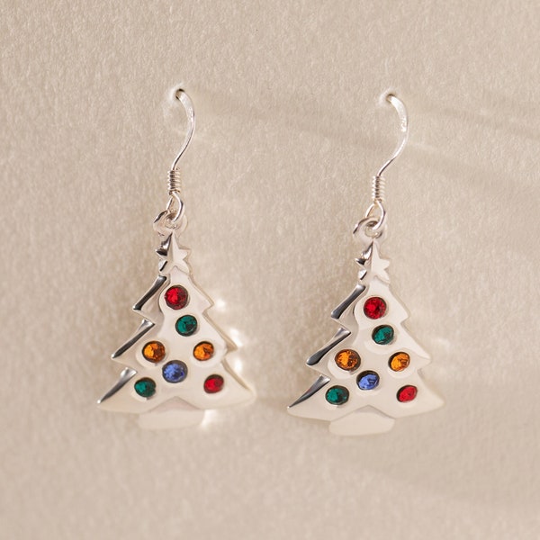 Sterling Silver Christmas Tree Earrings with Multi-Coloured Cubic Zirconia | Holiday Earrings | Christmas Earrings | Gift for Her