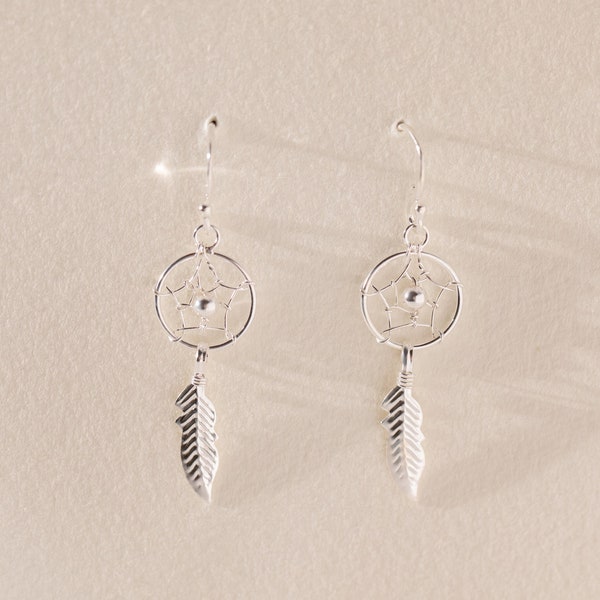 Dreamcatcher Dangle Earrings for Women in 925 Sterling Silver | Enchanting Dreamcatcher Earrings with Feather | 44 mm with Earring Wire