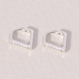 Diamond-Shaped CZ Huggie Hoop Earrings | Rhodium Plated Sterling Silver | 8mm Inner | 13mm Outer | Geometric Gift for Her