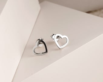 Open Heart Stud Earrings for Women / 925 Sterling Silver Earrings / Heart Earrings / 9 x 10 mm /  Push Back Studs / Hypoallergenic Studs