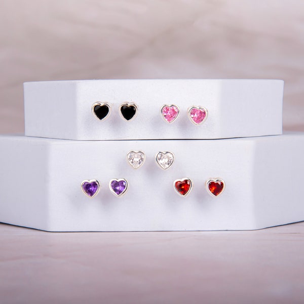 Heart-Shaped Cubic Zirconia Stud Earrings in 925 Sterling Silver | 5mm Bezel Setting | Available in White, Amethyst, Pink, Garnet, & Black