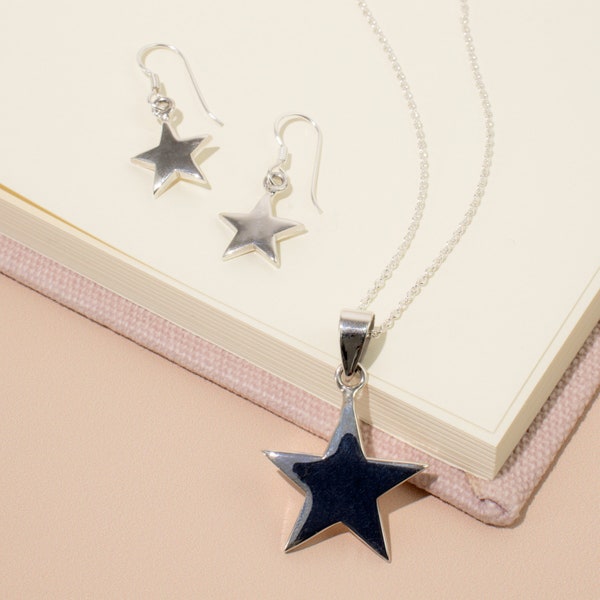 Solid 925 Sterling Silver Star Necklace & Earring Set, Celestial Jewelry Gift, Star Dangle Earrings, Dainty Celestial Star Pendant Necklace