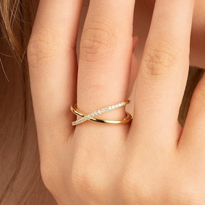 Cubic Zirconia Criss Cross Ring | Sterling Silver Crossover Statement Ring | Silver & Gold Finish | US Sizes 5-8 | Women's Elegant Accessory