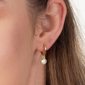 Aros colgantes con circonita cúbica redonda para mujer, plata de ley 925, aros de 12 mm, dije de circonita cúbica de 5 mm, acabado en plata y oro