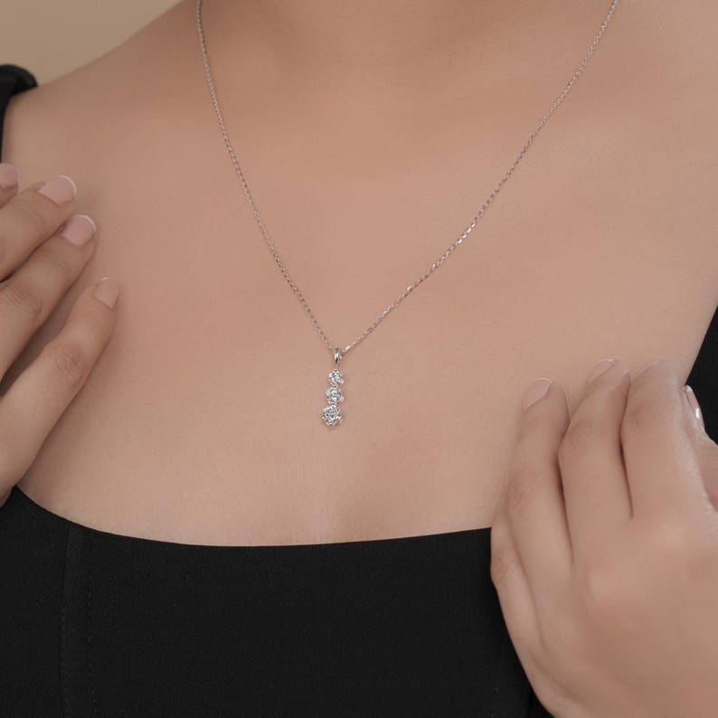 1.03ct Lab Grown Diamond Pendant Necklace / Three Stone Necklace / F-G VVS-VS Certified Lab Diamond Necklace / Adjustable Length image 2