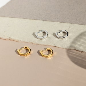 Editor Hexagon Huggie Hoop Earrings in Sterling Silver Or Gold, 13mm Hexagon Earrings, Geometric Earrings, Minimalist Hoops, High Polish