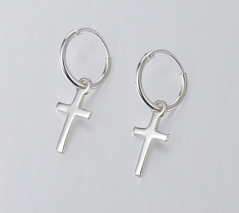Sterling Silver Cross Huggie Hoop Earrings, Dainty Cross Earrings, Cross Charm Dangle Earrings, Religious Jewelry, Spiritual Gift for Her image 4