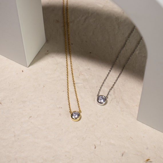 Cubic Zirconia Solitaire Necklace with Chain Included Bezel Set Sterling Silver Cubic Zirconia Solitaire Necklace with Chain Included Bezel Set Sterling Silver