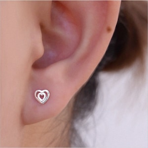 Small Open Double Heart Stud Earrings for Women or Men / 925 Sterling Silver Earrings / 6 mm Studs/ Push Back Earrings/ Hypoallergenic Studs