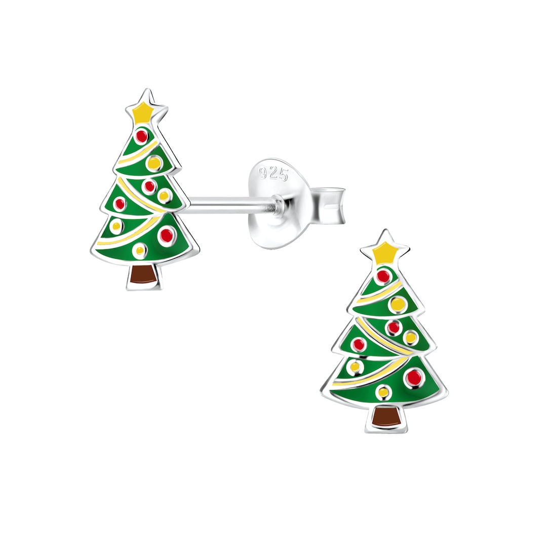 Sterling Silver Christmas Tree Stud Earrings Holiday Earrings Xmas Tree