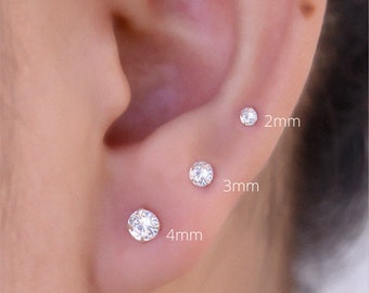 White and Pink Cubic Zirconia Round Stud Earrings for Women / 925 Sterling Silver Studs / 2mm 3mm 4mm Wide Earrings / Push Back Studs