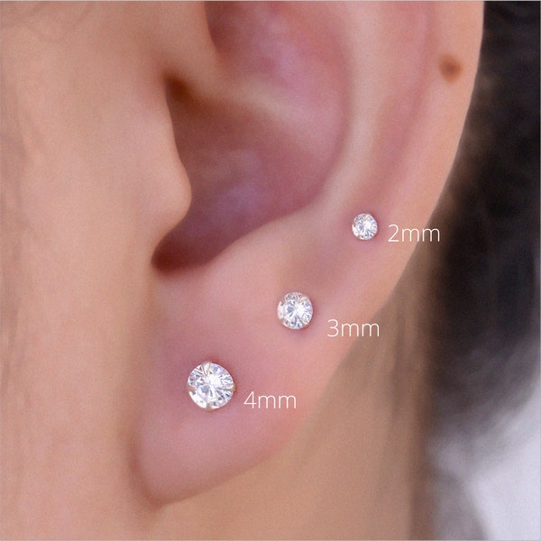 White and Pink Cubic Zirconia Round Stud Earrings for Women / 925 Sterling Silver Studs / 2mm 3mm 4mm Wide Earrings / Push Back Studs