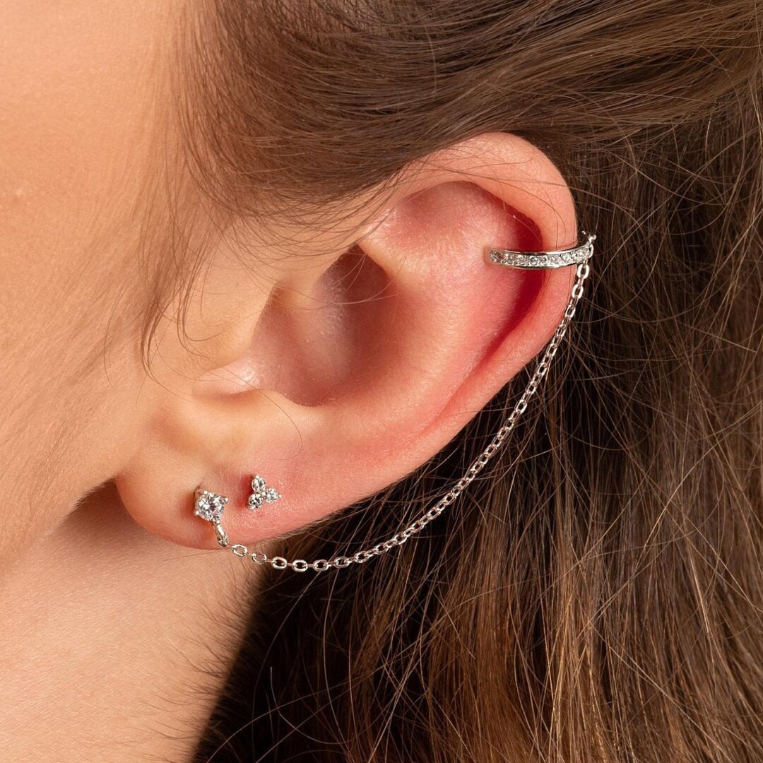 イヤリング Chain Cuff Earring in Silver Coated Brass CZ Chain Stud Earrings in Sterling Silver or Gold, Ear Cuff