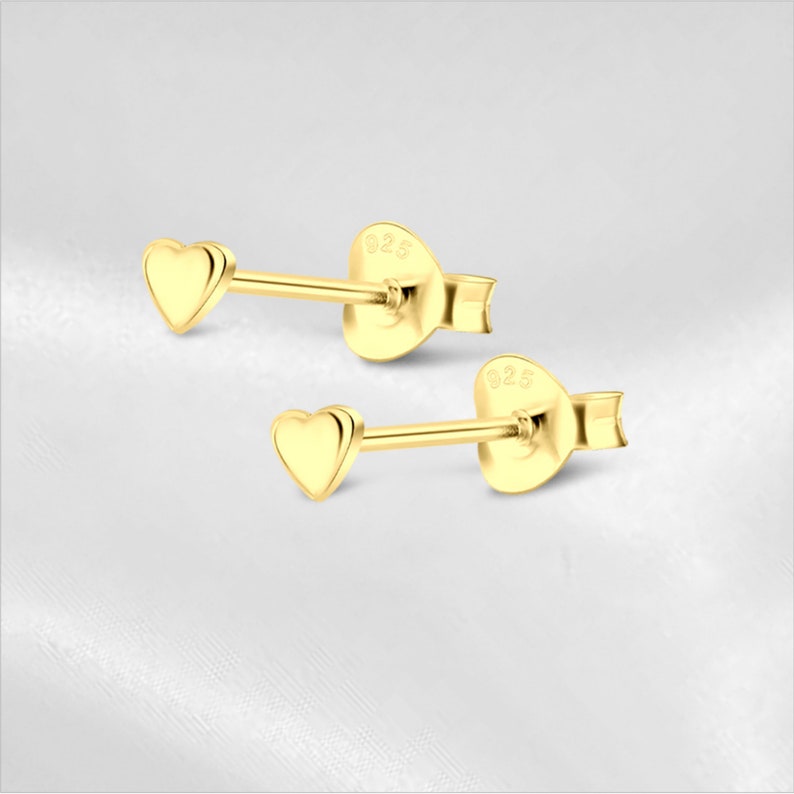 Heart Stud Earrings for Women or Men / Sterling Silver Studs / Gold Plated Earrings / 3 mm Wide Earrings / Push Back Studs / Hypoallergenic zdjęcie 4