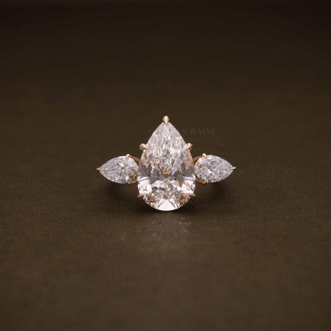 6.20 CTW Pear Cut Lab Grown Diamond Three Stone Engagement Ring – 5 Ct ...