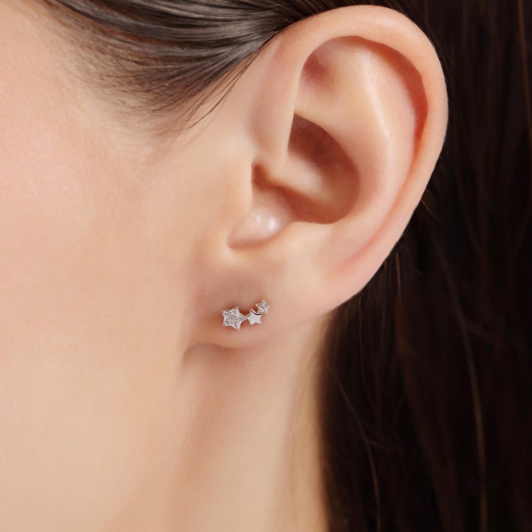 Triple Star Stud Earrings With CZ in Rhodium Plated Sterling Silver | 5.2x10mm Celestial Studs | Gift for Her | Dainty Sparkle - Etsy Japan