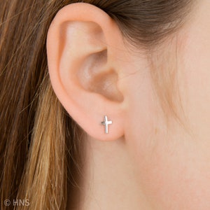Dainty Cross Stud Earrings in 925 Sterling Silver | Elegant Small Cross Earrings | 5 x 7 mm | Religious Gift for Her