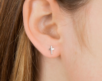 Dainty Cross Stud Earrings in 925 Sterling Silver | Elegant Small Cross Earrings | 5 x 7 mm | Religious Gift for Her
