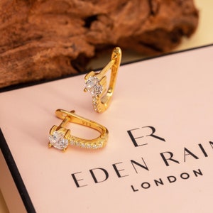 Sterling Silver Cubic Zirconia Huggie Hoop Earrings, Oval Ear Huggers, Women's Fashion Earrings, Elegant CZ Bridal Jewelry, Gold Earrings