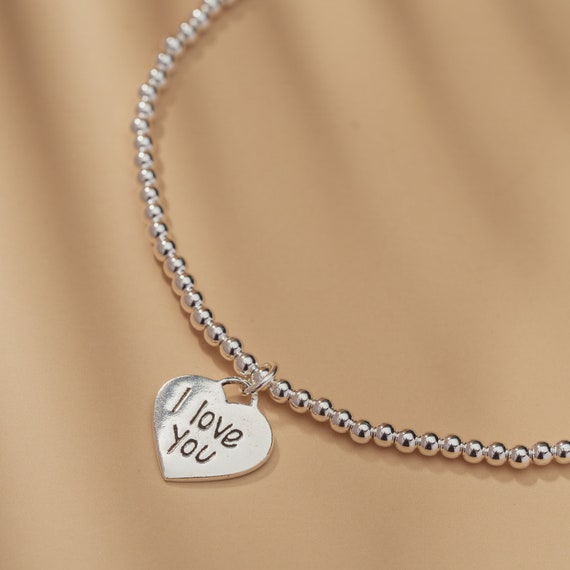 Bracciale con ciondolo a forma di cuore I Love You per donna / Bracciale elastico / Bracciale con perline a forma di palla in argento sterling 925 / Regalo romantico per lei - Italia