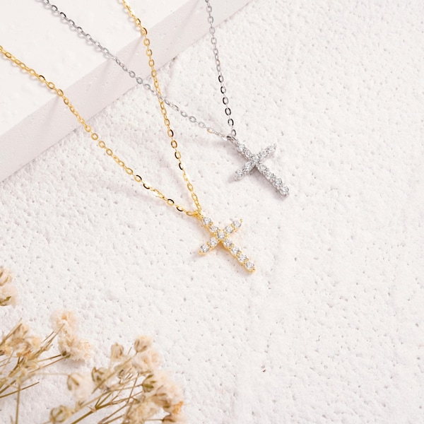 Cubic Zirconia Cross Necklace, Crystal Cross Pendant, Bezel CZ Delicate Cross Pendant Necklace, Christian Jewelry, Religious Gift for Her