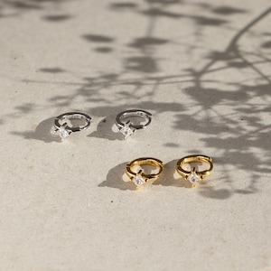 Solitaire Princess Cut Cz Huggie Hoop Earrings in Sterling Silver or Gold, Solitaire Cz Earrings by Eden Raine