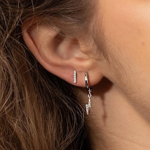 Lightning Bolt Cz Huggie Hoop Earrings In 925 Sterling Silver, Zig Zag Dangle Earrings, CZ Huggie Hoops, Everyday Stacking Earrings,