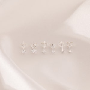 Set of 3 Pairs Cubic Zirconia Stud Earrings for Women in 925 Sterling Silver 2mm 3mm 4mm CZ Earrings Minimalist Bridesmaid Gift image 3