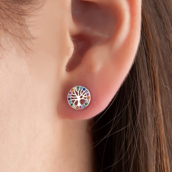 Colourful CZ Tree of Life Stud Earrings in 925 Sterling