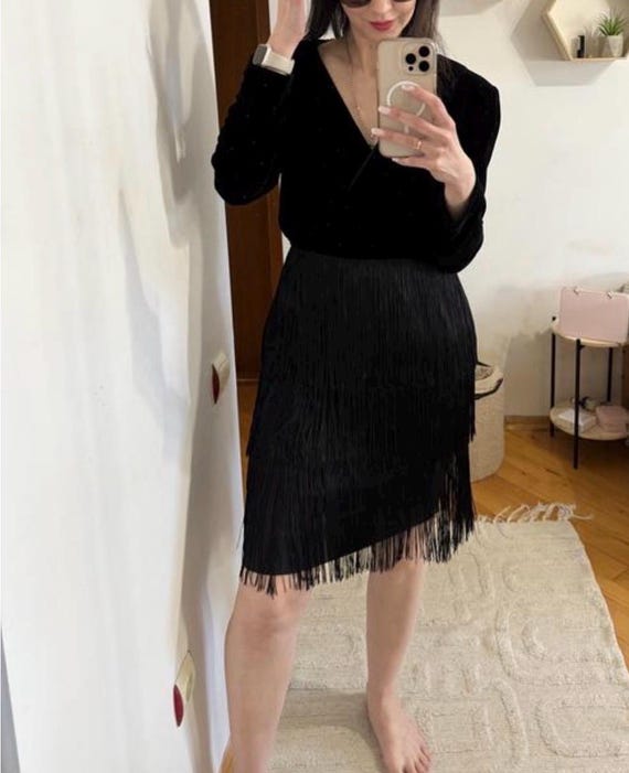 Akris, Akris Vintage Black Velvet Fringed Dress V-Neck Long Sleeve Flapper Cocktail Party Sz 8 l