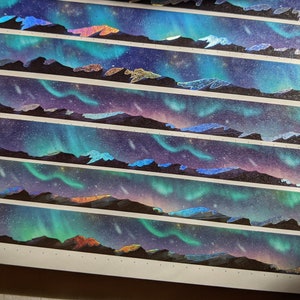 Holographic Foil Washi Tape Aurora Mountain Landscape, Night sky stars deco tape, 15 mm