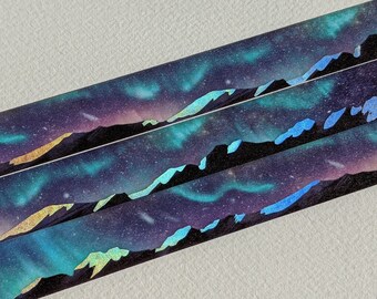Holographic Foil Washi Tape Aurora Mountain Landscape, Night sky stars deco tape, 15 mm