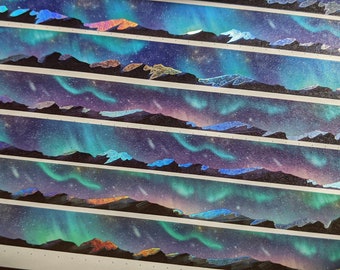 Fita adesiva holográfica metalizada Washi Tape com estampa de paisagem de montanha Aurora, céu noturno estrelado, 15 mm