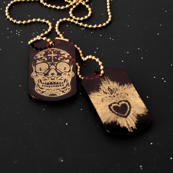 collier long plexi plaques militaires double pendentif, acier inoxydable, modèle "dia de los muertos"