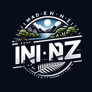 May include: A circular graphic design on a dark background featuring the text MAD E N Z and INI NZ. The illustration depicts a landscape with mountains, a lake, a full moon, green trees, and a silver fern leaf at the bottom, all in a stylized format.