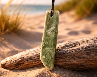 Large Jade Toki Pendant: Handcrafted New Zealand Koru Amulet Raw Edges