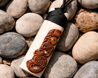 Hand Carved Bone Toki Pendant with Tiki Face Maori Inspired from New Zealand