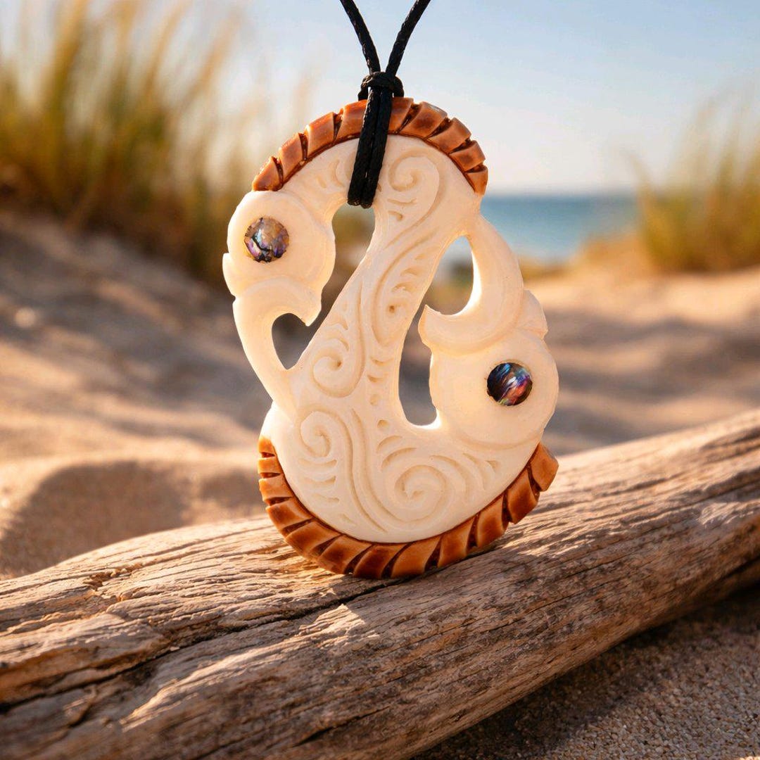 Maori Double Manaia Bone Necklace, Hand Carved, Tea Stain, New