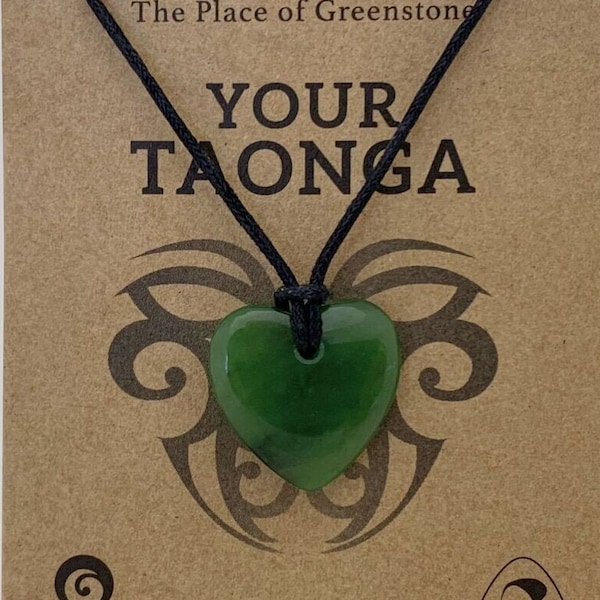 Your Taonga Small Heart Pendant 15cm Made in NZ Hand Carved Jade Pounamu Greenstone Free Shipping