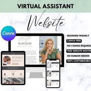 Könnte beinhalten: Ein Computerbildschirm zeigt eine Website-Vorlage für eine virtuelle Assistentin. Die Website ist in Canva gestaltet und zeigt ein Foto einer Frau mit dem Text "Hallo, ich bin Arya Burgeese, Ihre virtuelle Assistentin". Der Text "Anfängerfreundlich, Canva kostenlos, keine Programmierkenntnisse erforderlich, kostenloses Website-Hosting, keine Domain erforderlich, 100 % anpassbar" wird auf der rechten Seite des Bildes angezeigt.