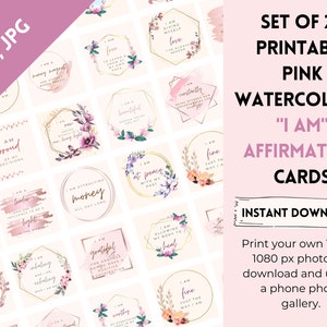 Könnte beinhalten: Set mit 24 druckbaren rosa Aquarell-Affirmationskarten mit goldenen Akzenten und floralen Designs. Jede Karte enthält eine "Ich bin"-Affirmationsaussage. Sofortiger Download.