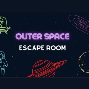 May include: A neon purple sign that reads "Outer Space Escape Room" with illustrations of a spaceship, an astronaut, a planet, and a galaxy on a dark blue background with white stars.