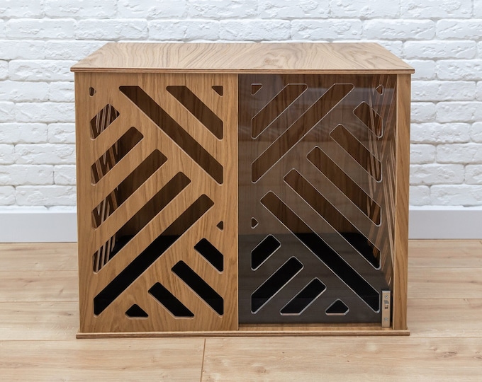 Wooden Dog Crate with Acrylic Sliding Door, Modern Pet Furniture, Indoor Kennel End Table