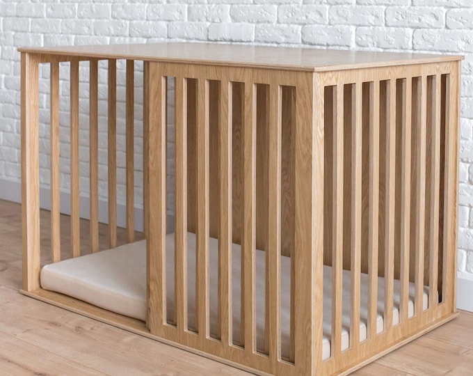 Large Wooden Dog Crate with Sliding Door, Oak Modern Dog Crate, Dog Kennel Furniture, Dog House Indoor, Wooden Dog Kennel, Custom Dog Crate